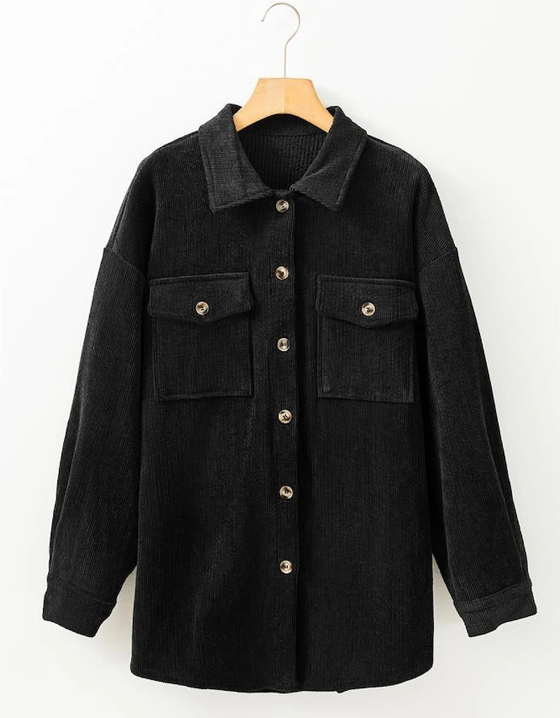 Black Corduroy Flap Pocket Button Up Shacket