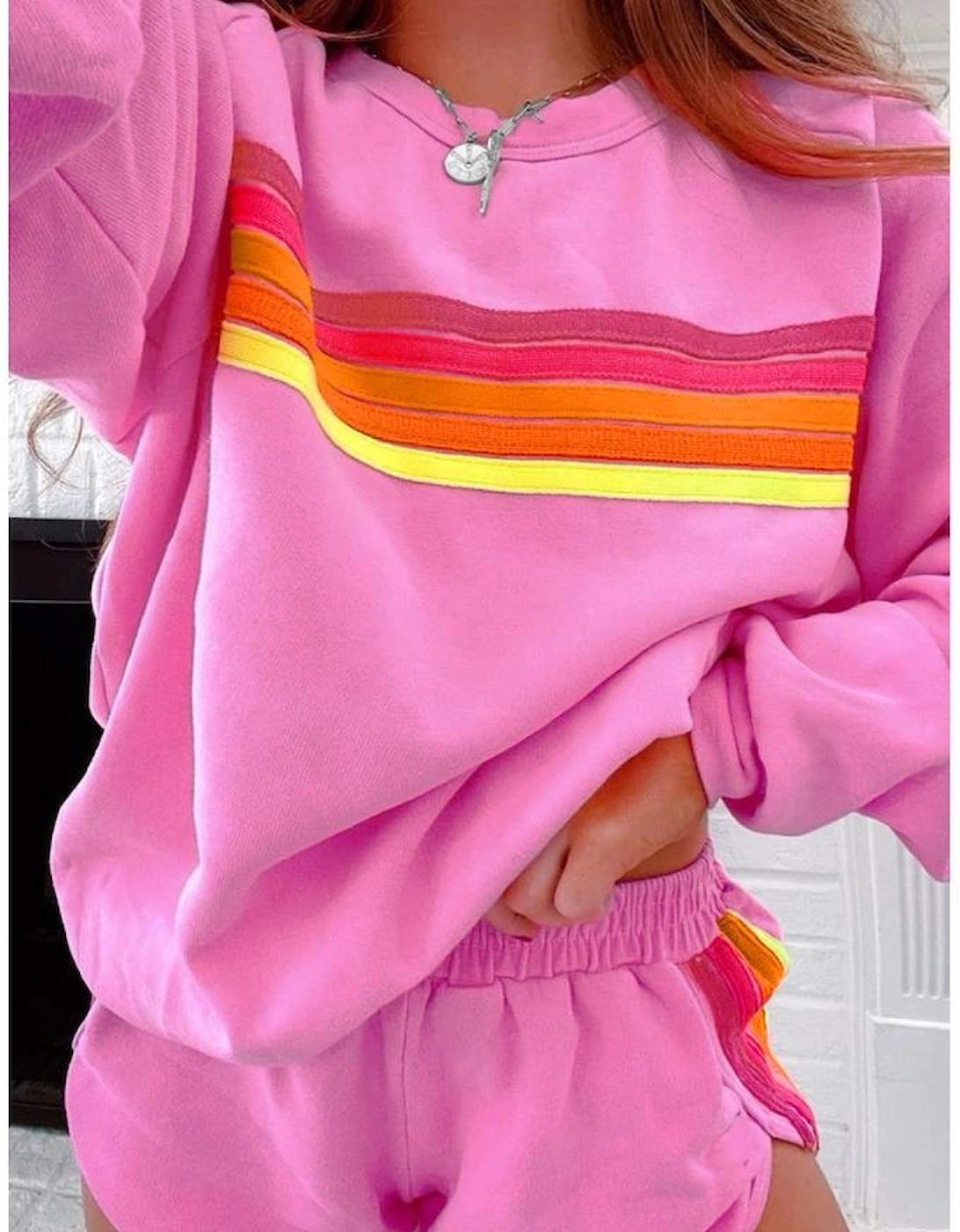 Bonbon Striped Accent Pullover and Shorts Two Piece Casual Set