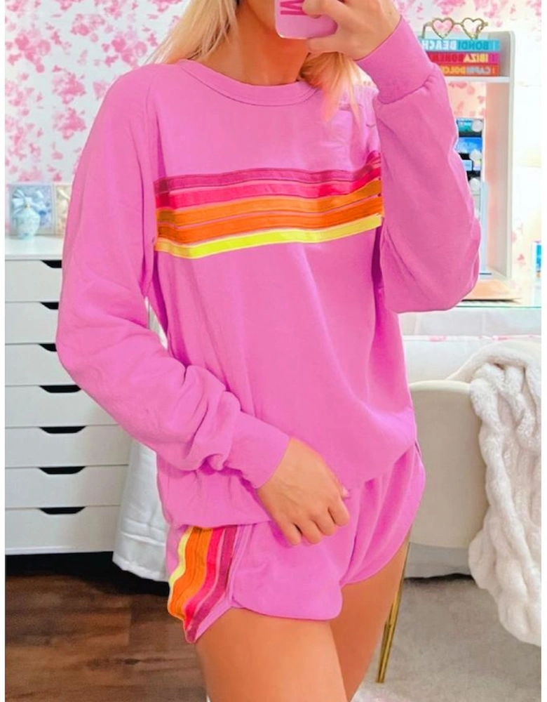 Bonbon Striped Accent Pullover and Shorts Two Piece Casual Set