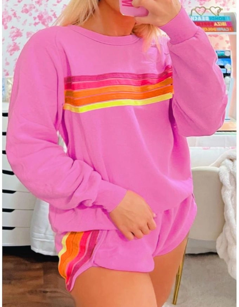 Bonbon Striped Accent Pullover and Shorts Two Piece Casual Set