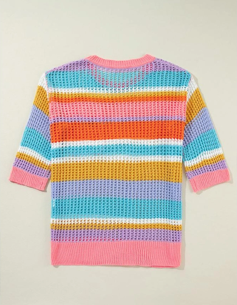 Pink Stripe Colorblock Hollowed Crochet 3/4 Sleeve Sweater