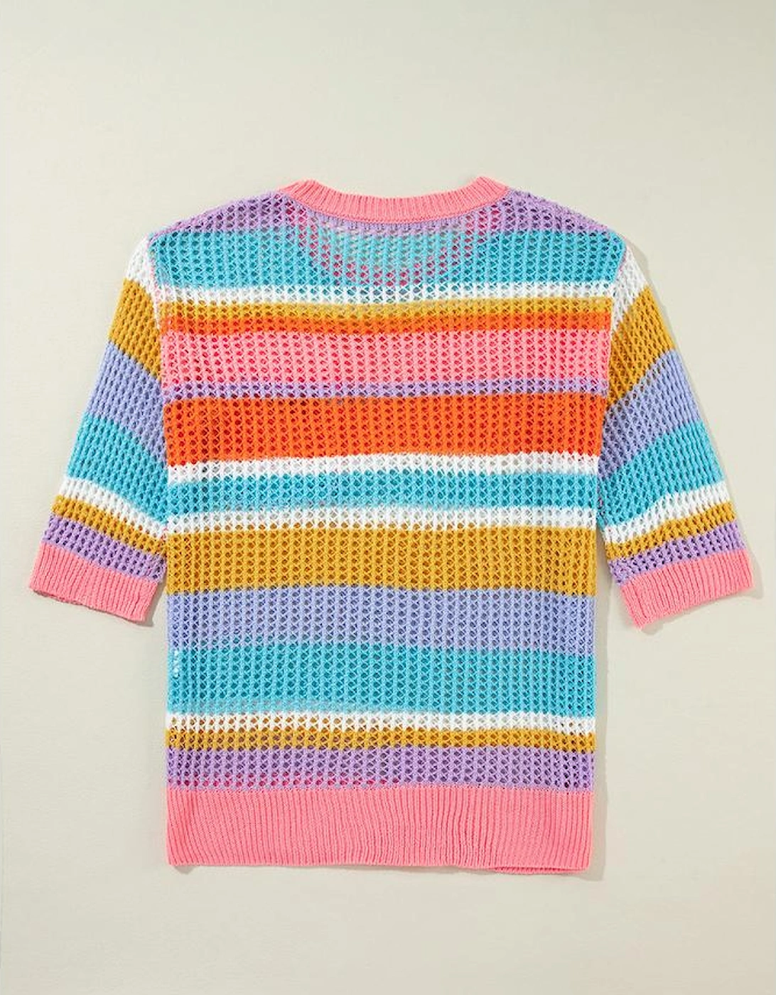 Pink Stripe Colorblock Hollowed Crochet 3/4 Sleeve Sweater