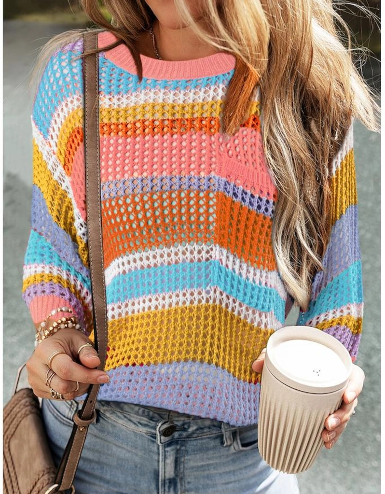 Pink Stripe Colorblock Hollowed Crochet 3/4 Sleeve Sweater