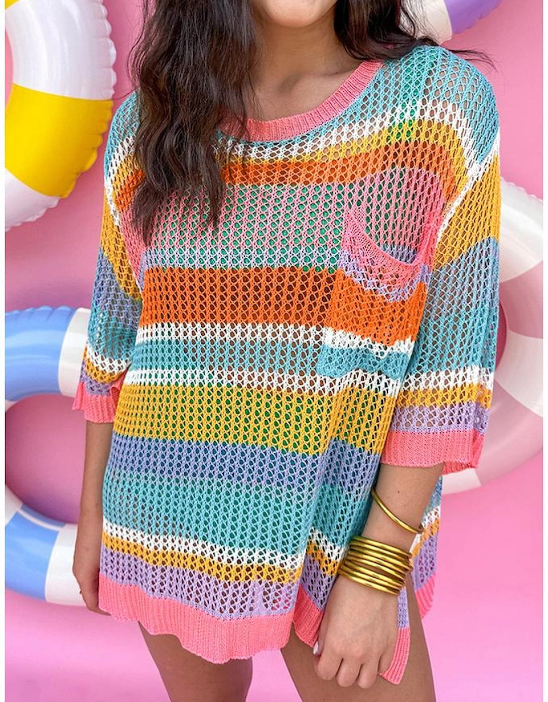 Pink Stripe Colorblock Hollowed Crochet 3/4 Sleeve Sweater