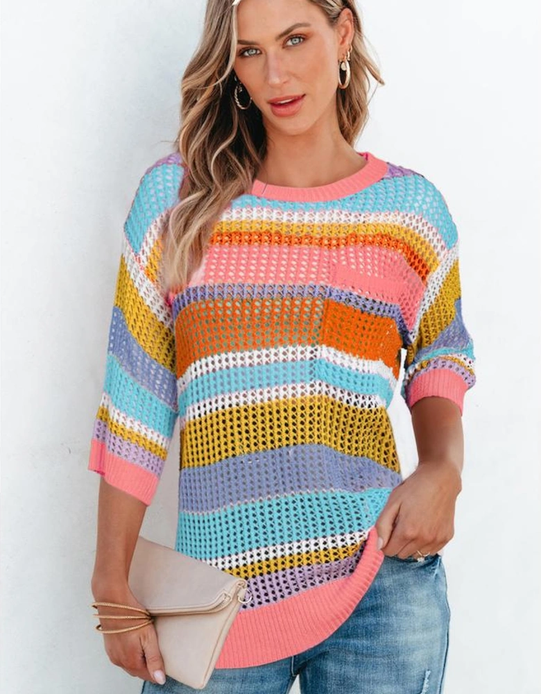 Pink Stripe Colorblock Hollowed Crochet 3/4 Sleeve Sweater