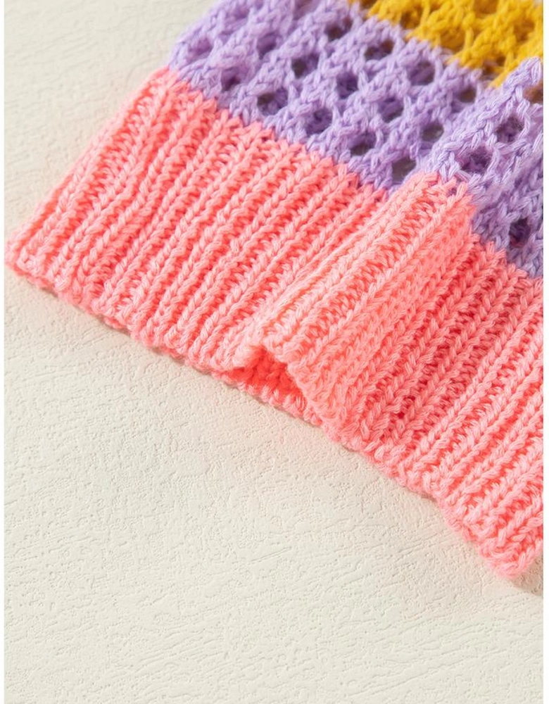 Pink Stripe Colorblock Hollowed Crochet 3/4 Sleeve Sweater