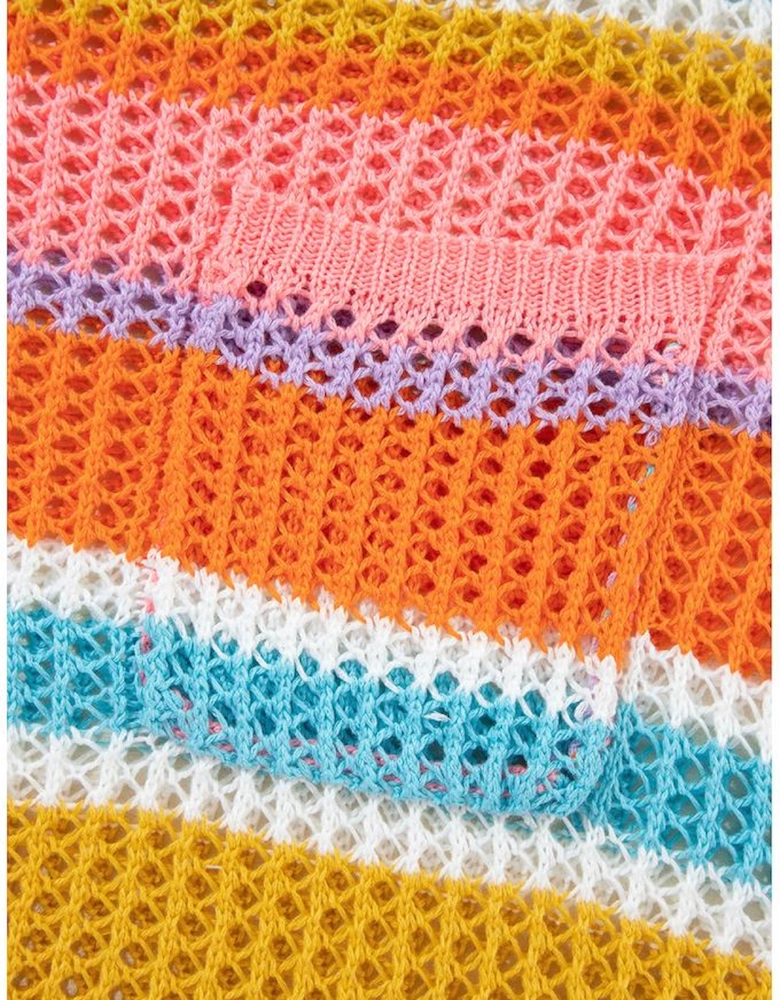 Pink Stripe Colorblock Hollowed Crochet 3/4 Sleeve Sweater