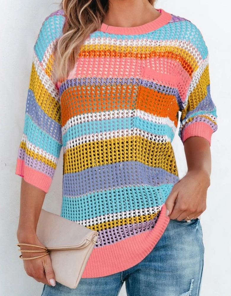 Pink Stripe Colorblock Hollowed Crochet 3/4 Sleeve Sweater