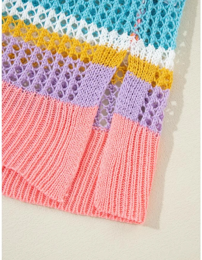 Pink Stripe Colorblock Hollowed Crochet 3/4 Sleeve Sweater