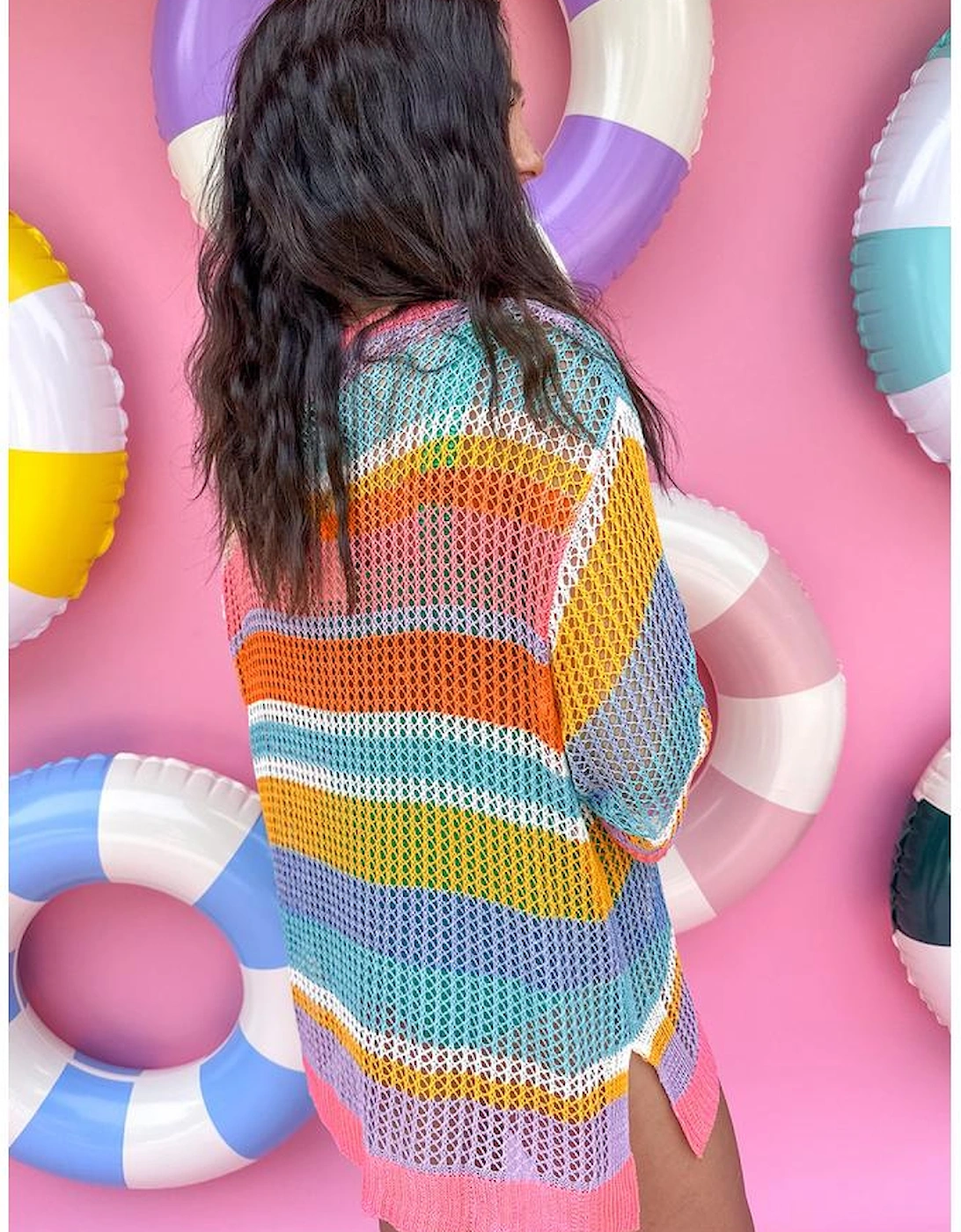 Pink Stripe Colorblock Hollowed Crochet 3/4 Sleeve Sweater