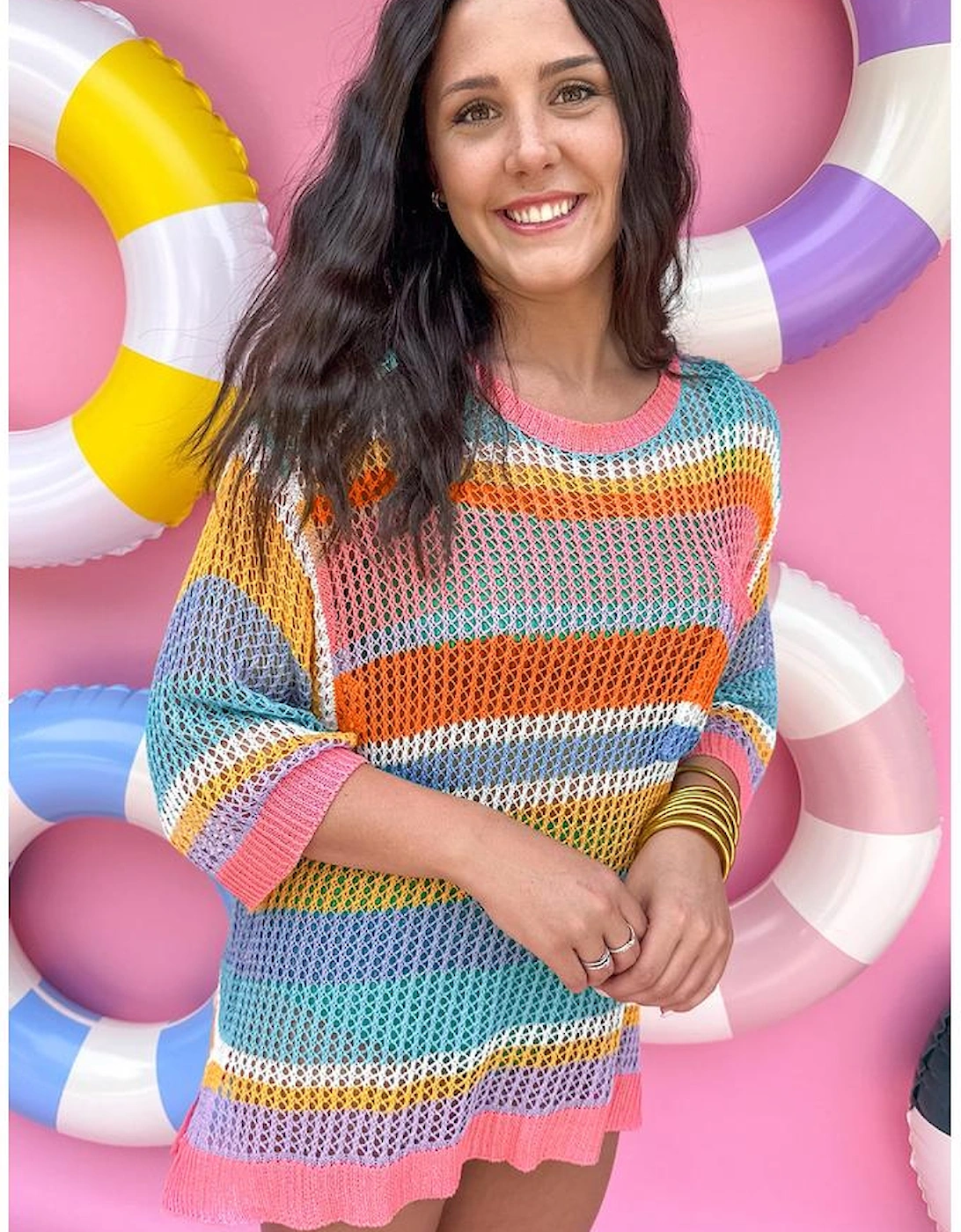 Pink Stripe Colorblock Hollowed Crochet 3/4 Sleeve Sweater