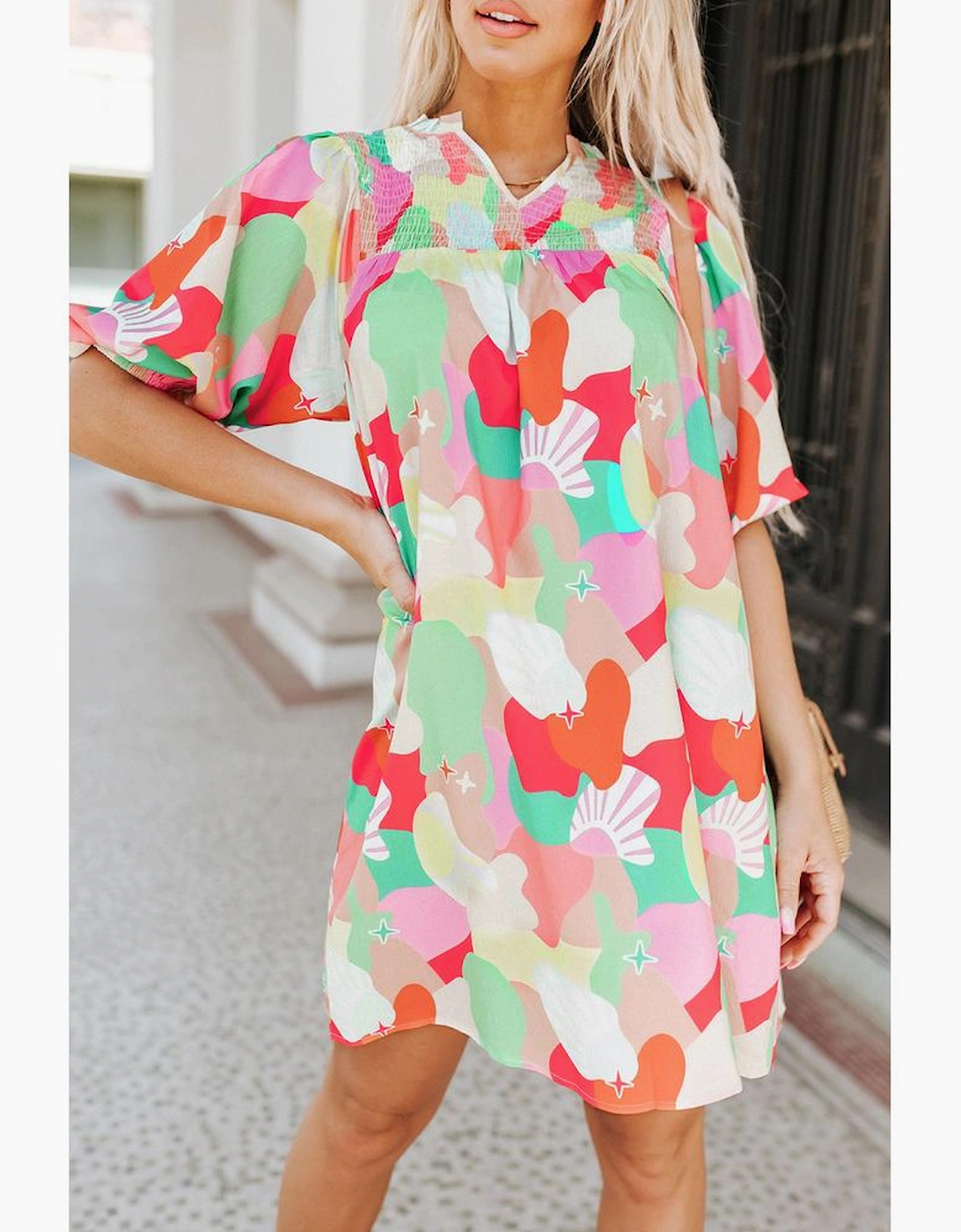 Azura Exchange Abstract Print Notch V Neck Puff Sleeve Dress