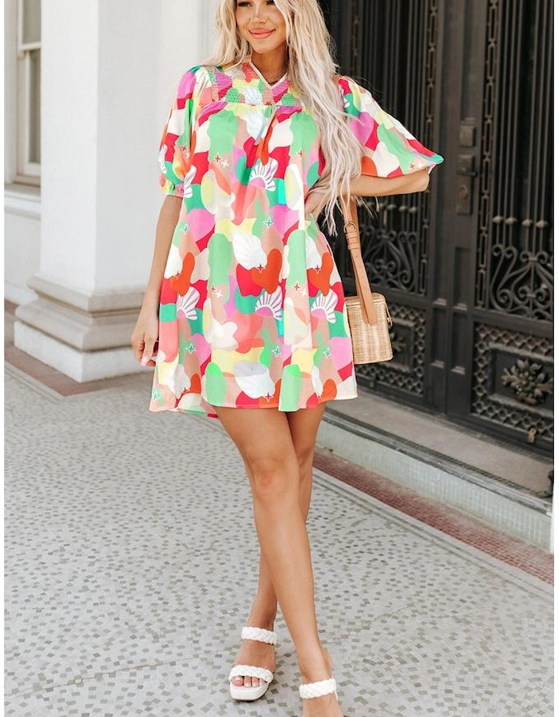 Azura Exchange Abstract Print Notch V Neck Puff Sleeve Dress