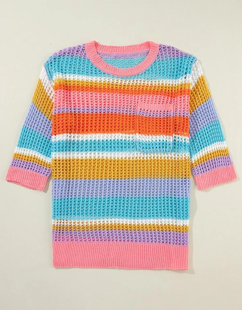 Pink Stripe Colorblock Hollowed Crochet 3/4 Sleeve Sweater