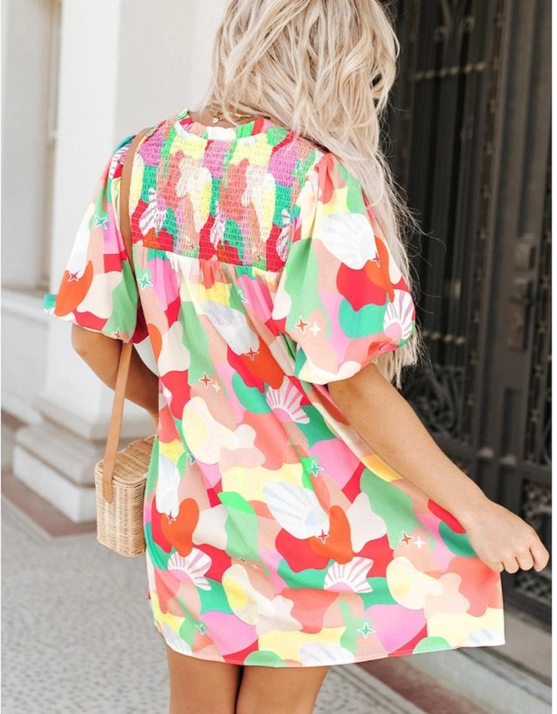 Azura Exchange Abstract Print Notch V Neck Puff Sleeve Dress