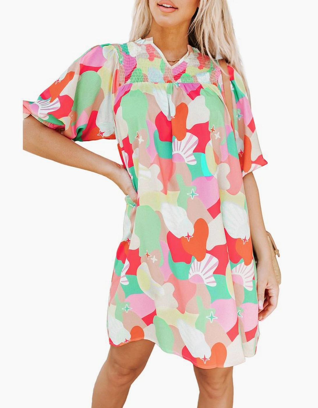 Azura Exchange Abstract Print Notch V Neck Puff Sleeve Dress