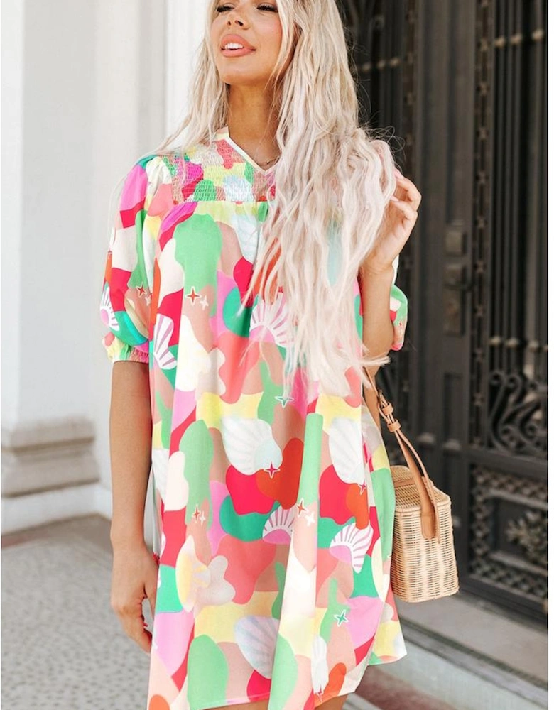 Azura Exchange Abstract Print Notch V Neck Puff Sleeve Dress