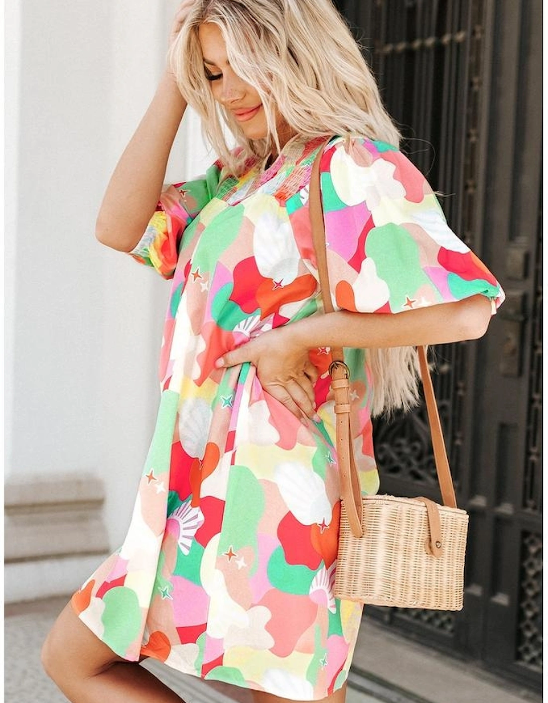 Azura Exchange Abstract Print Notch V Neck Puff Sleeve Dress