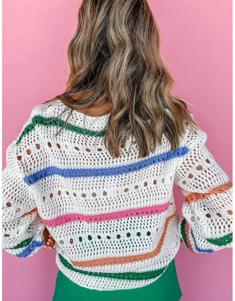 White Color Block Striped Pointelle Knit Sweater