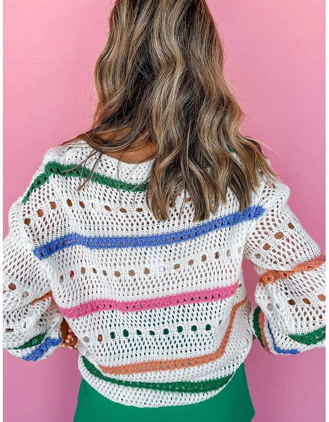 White Color Block Striped Pointelle Knit Sweater, 12 of 11