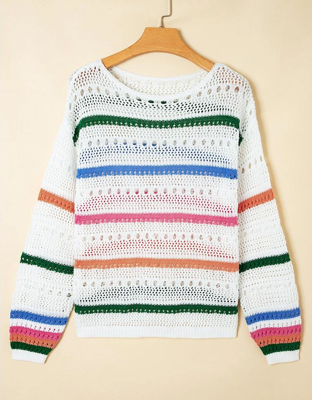 White Color Block Striped Pointelle Knit Sweater