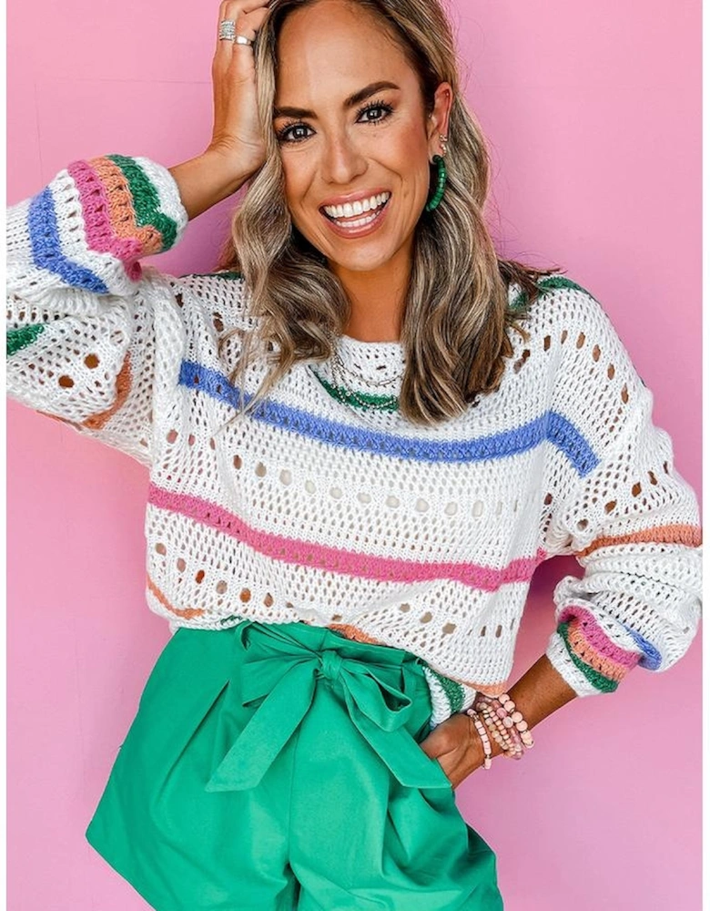 White Color Block Striped Pointelle Knit Sweater