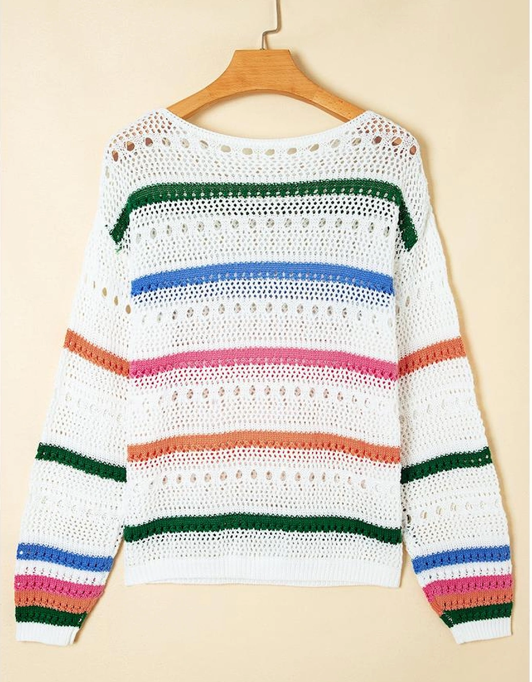 White Color Block Striped Pointelle Knit Sweater