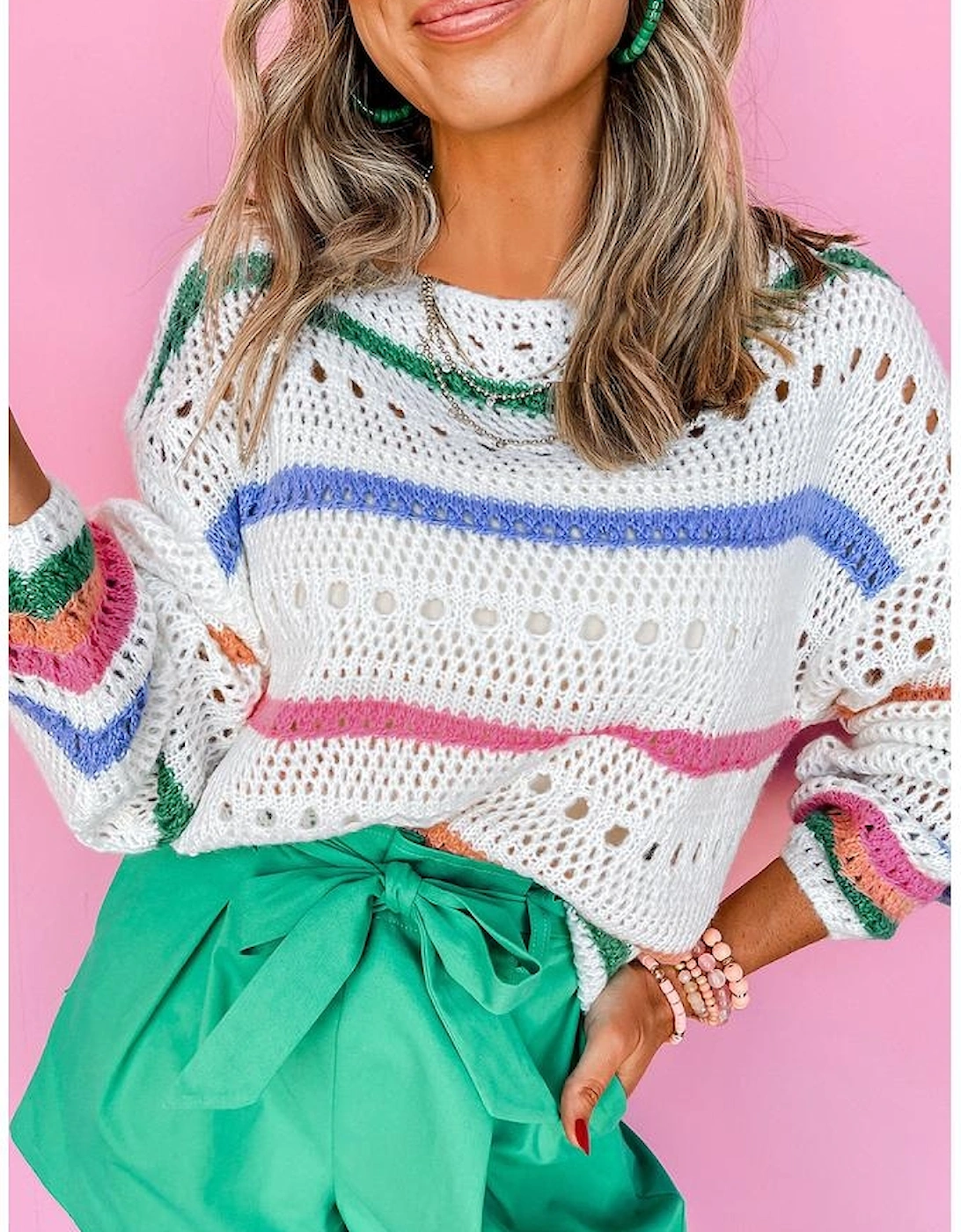 White Color Block Striped Pointelle Knit Sweater