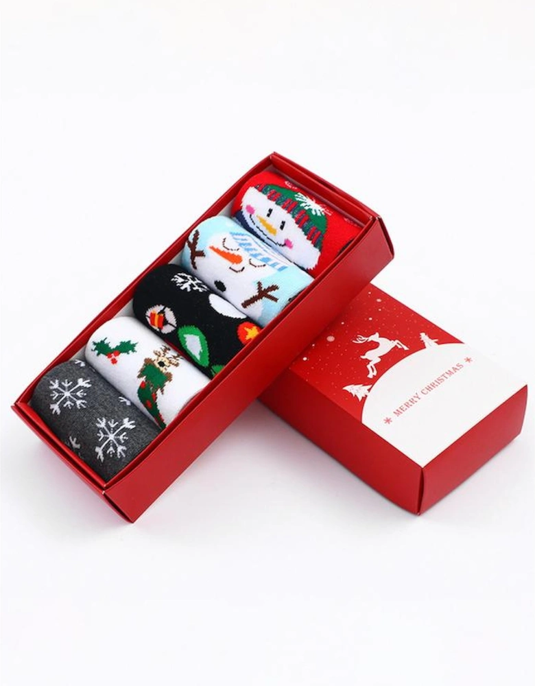 Azura Exchange White Christmas Cartoon Pattern 5 Pairs/Set Socks Set with Box