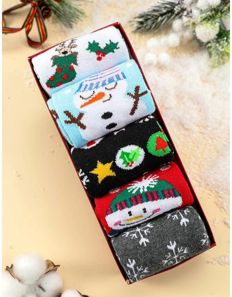 Azura Exchange White Christmas Cartoon Pattern 5 Pairs/Set Socks Set with Box