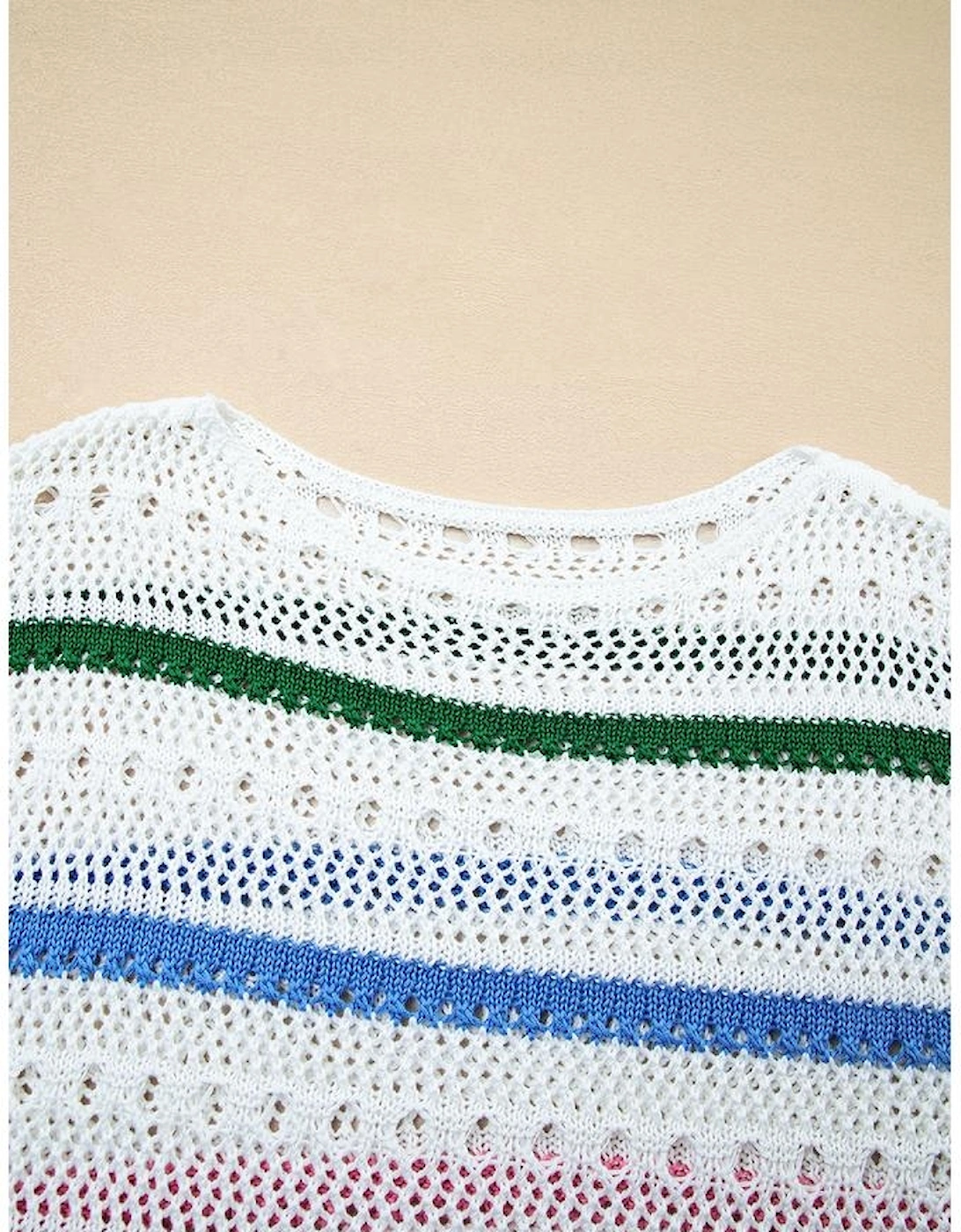 White Color Block Striped Pointelle Knit Sweater