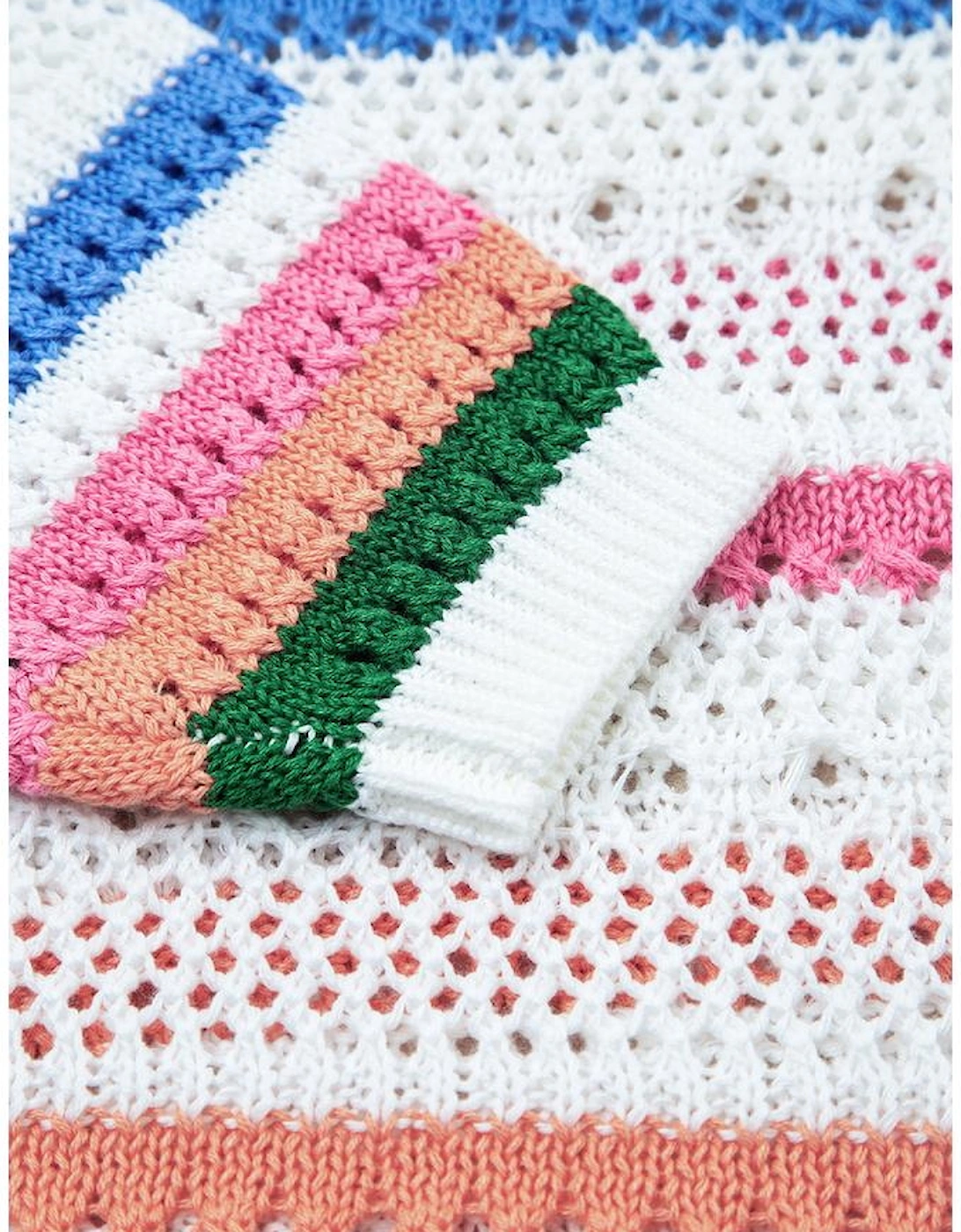 White Color Block Striped Pointelle Knit Sweater