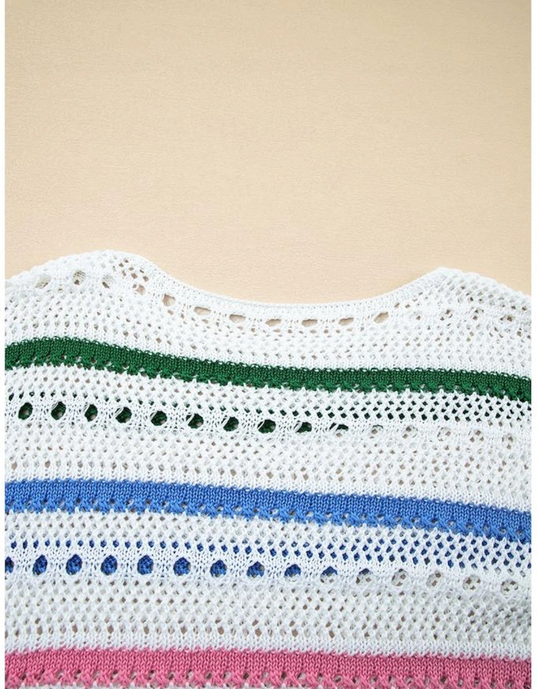White Color Block Striped Pointelle Knit Sweater