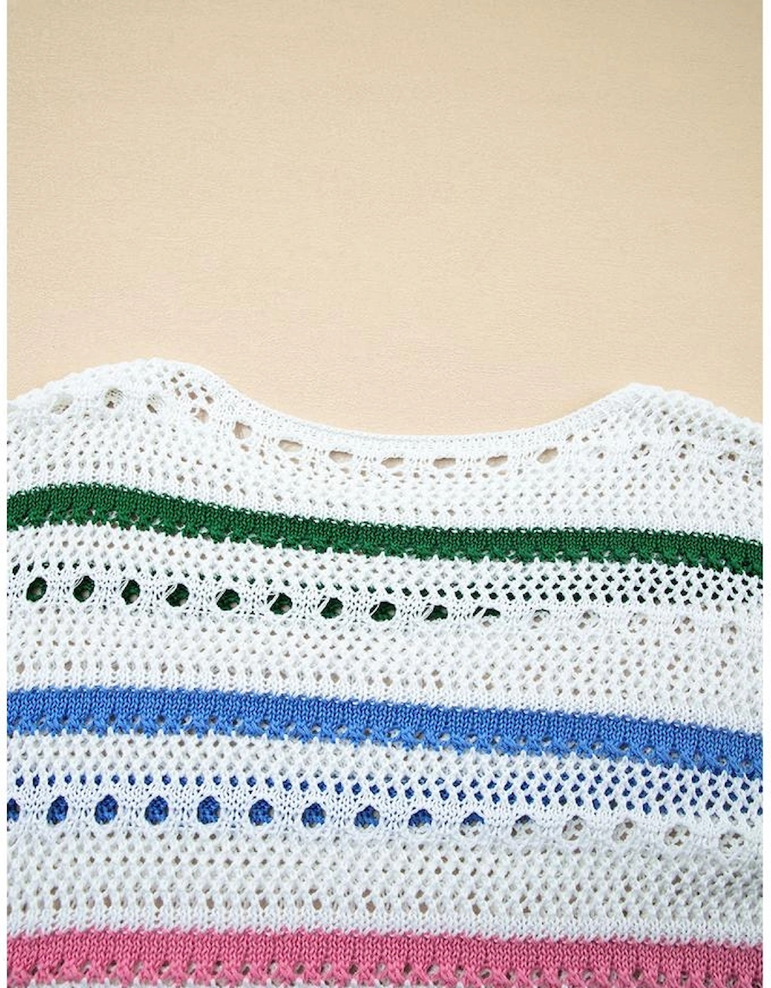 White Color Block Striped Pointelle Knit Sweater
