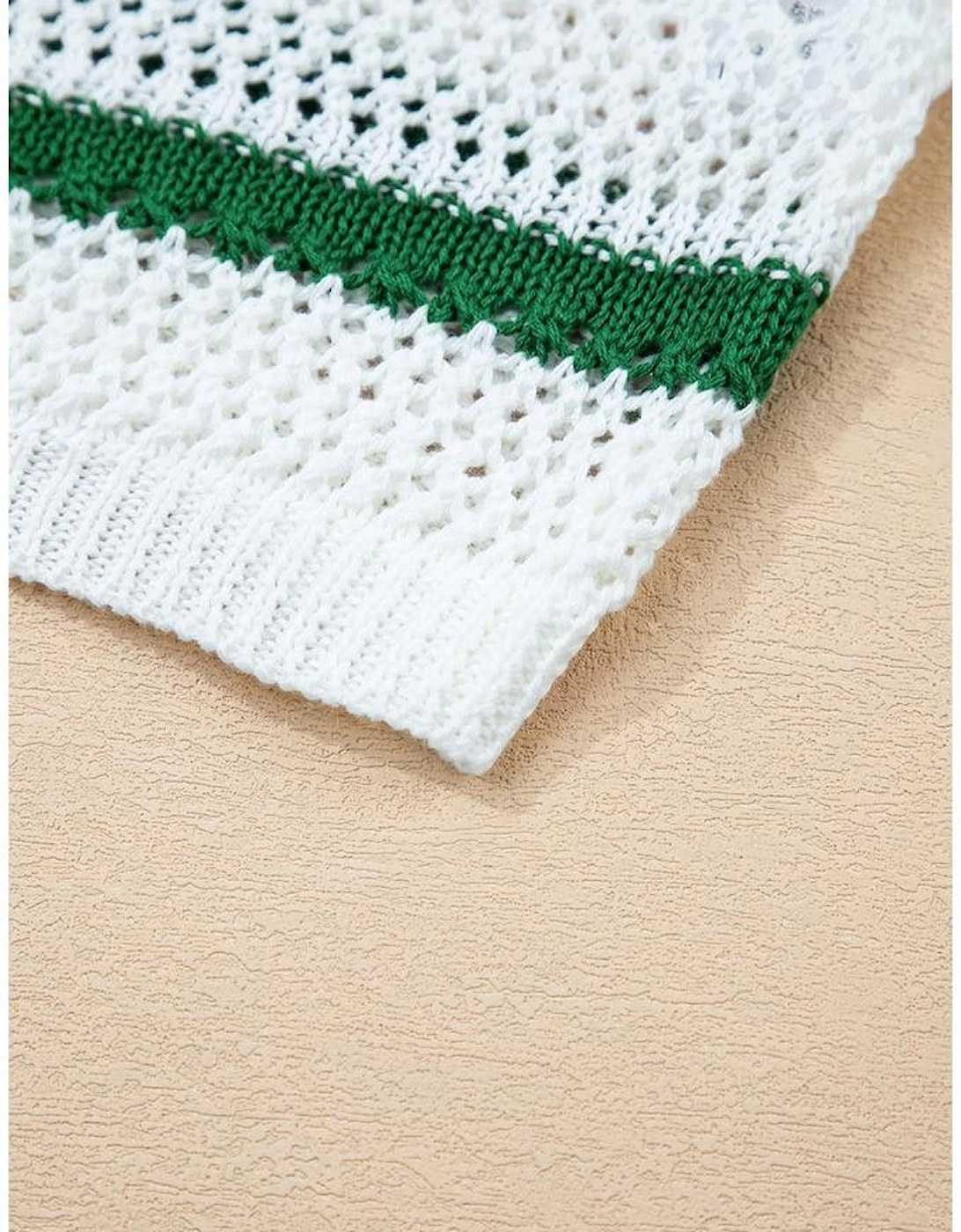 White Color Block Striped Pointelle Knit Sweater