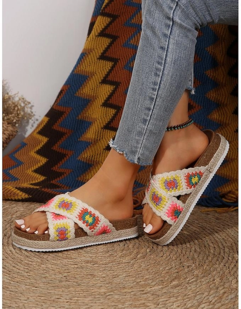 White Geometric Woven Crisscross Strap Platform Slippers