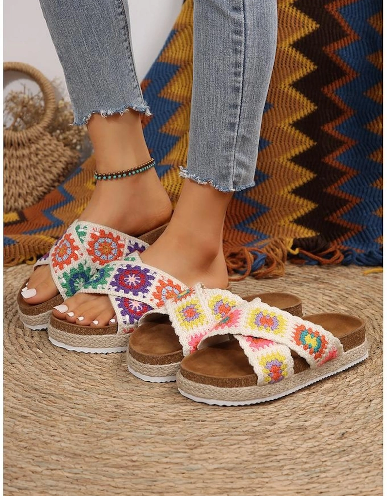 White Geometric Woven Crisscross Strap Platform Slippers
