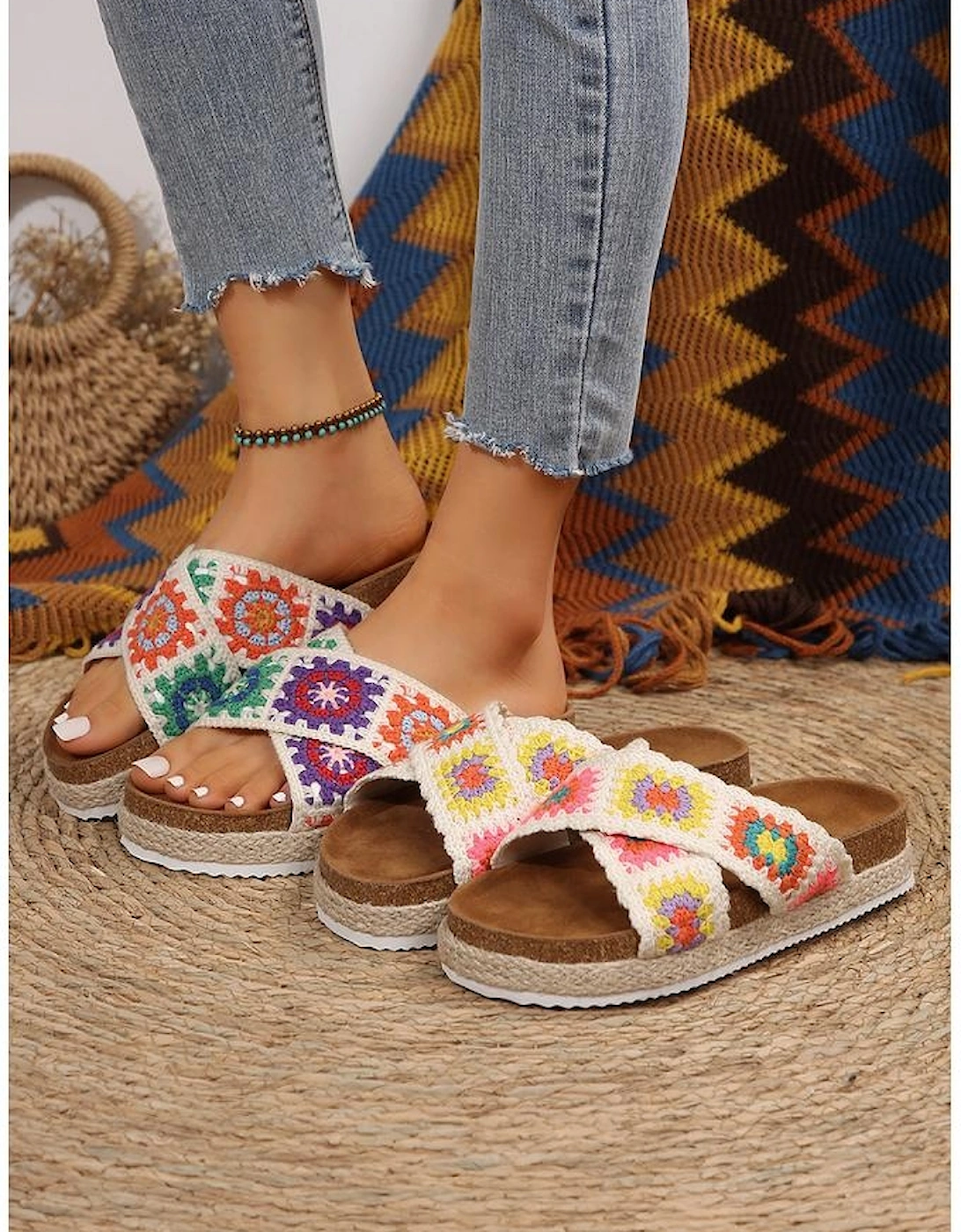 White Geometric Woven Crisscross Strap Platform Slippers