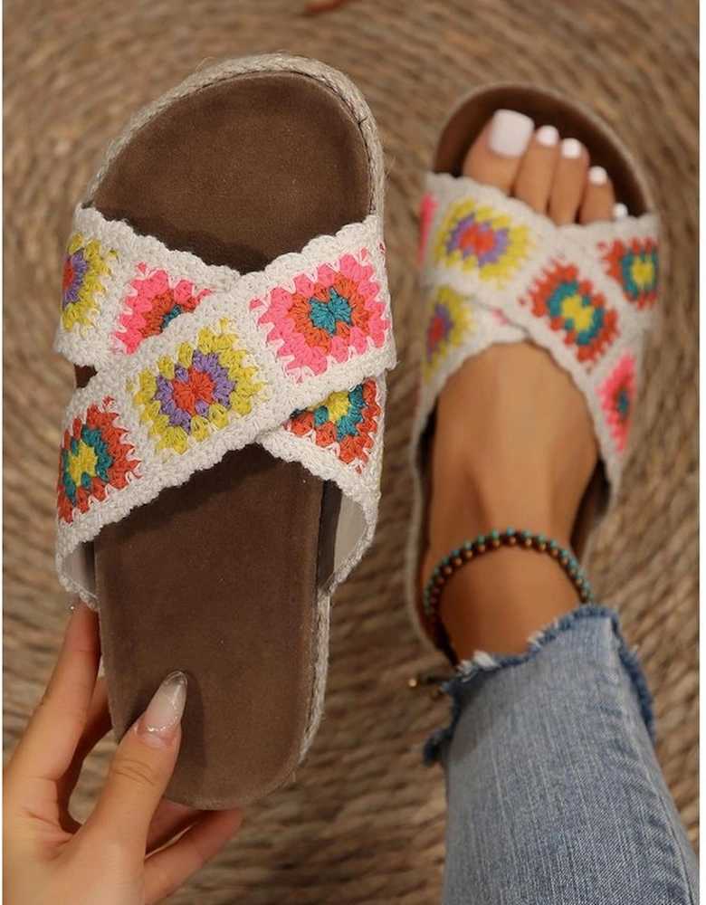 White Geometric Woven Crisscross Strap Platform Slippers