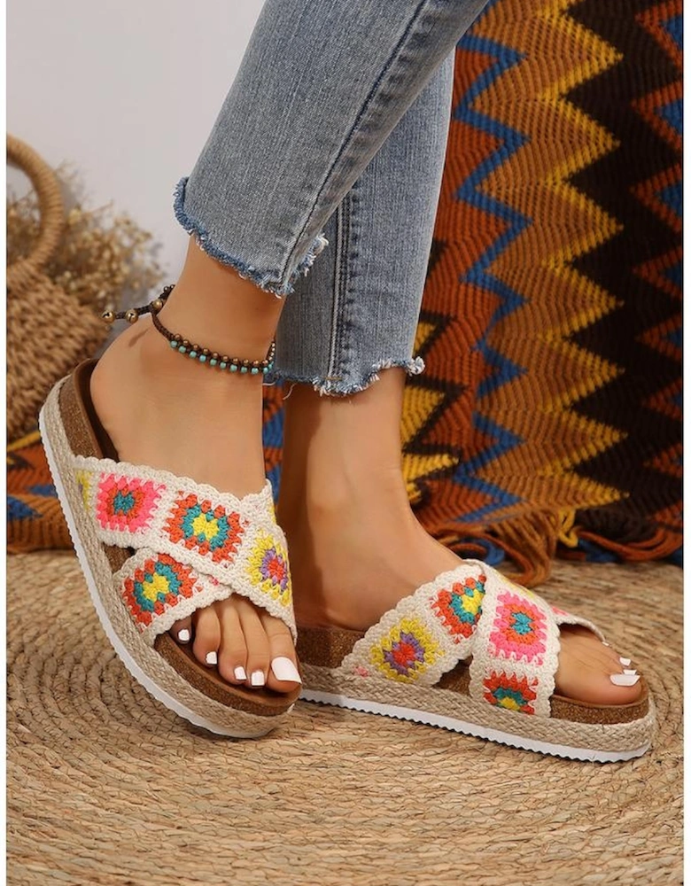 White Geometric Woven Crisscross Strap Platform Slippers
