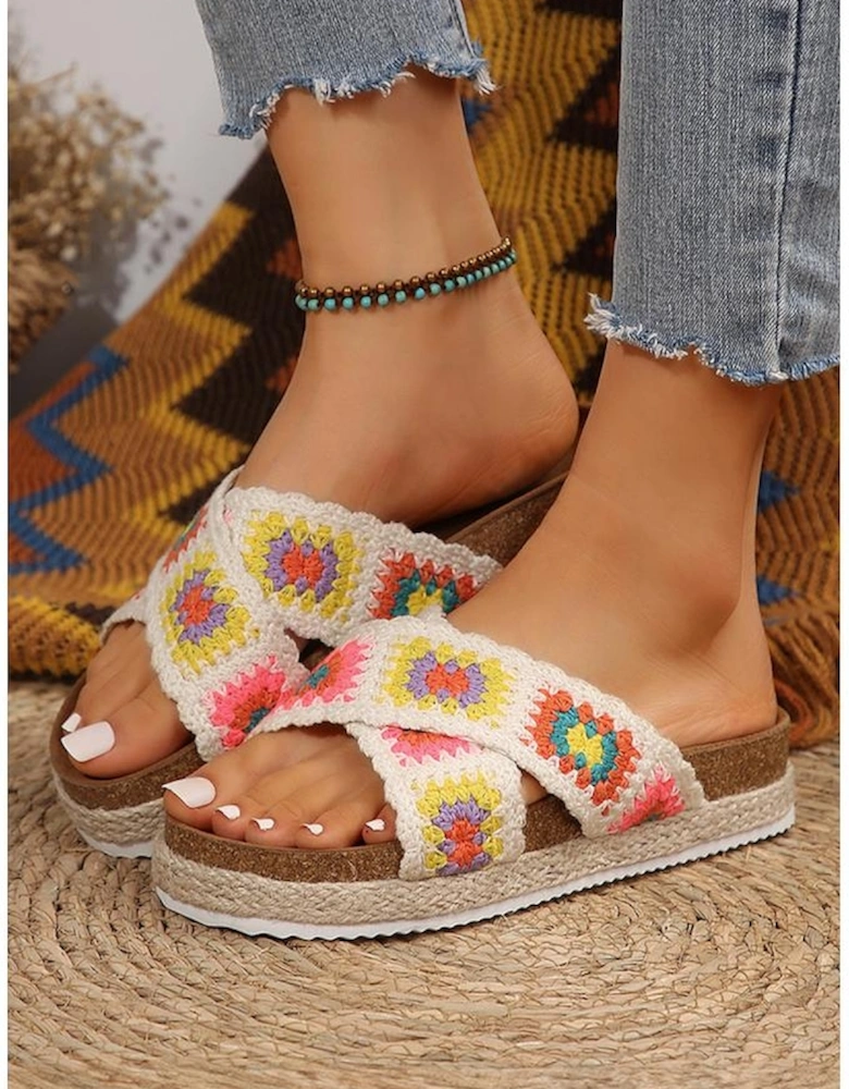 White Geometric Woven Crisscross Strap Platform Slippers