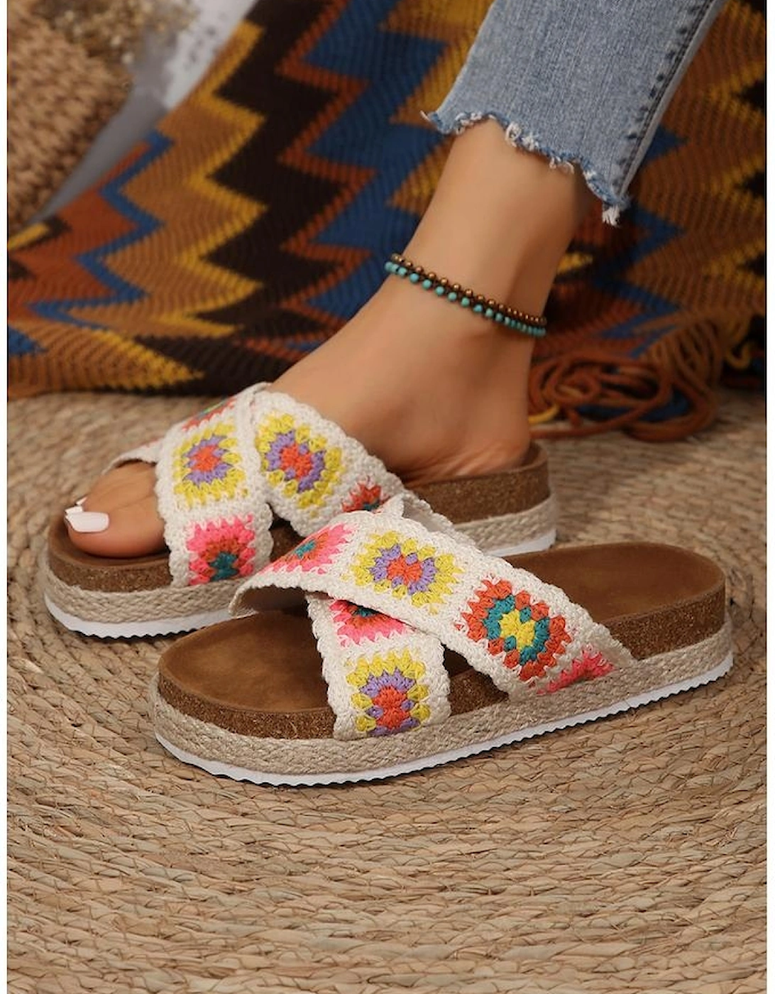 White Geometric Woven Crisscross Strap Platform Slippers