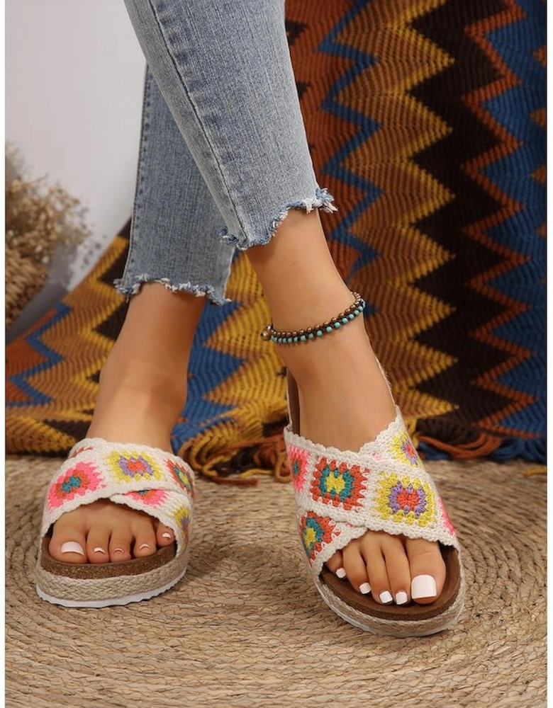 White Geometric Woven Crisscross Strap Platform Slippers