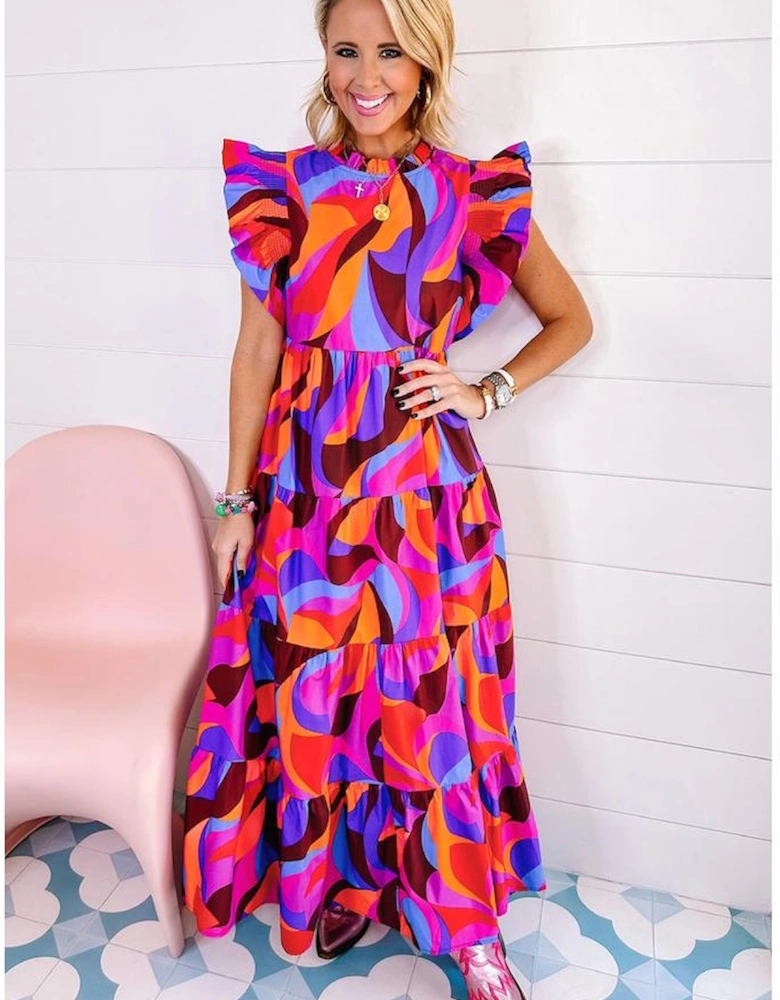 Orange Abstract Printed High Waist Ruffle Tiered Long Dress