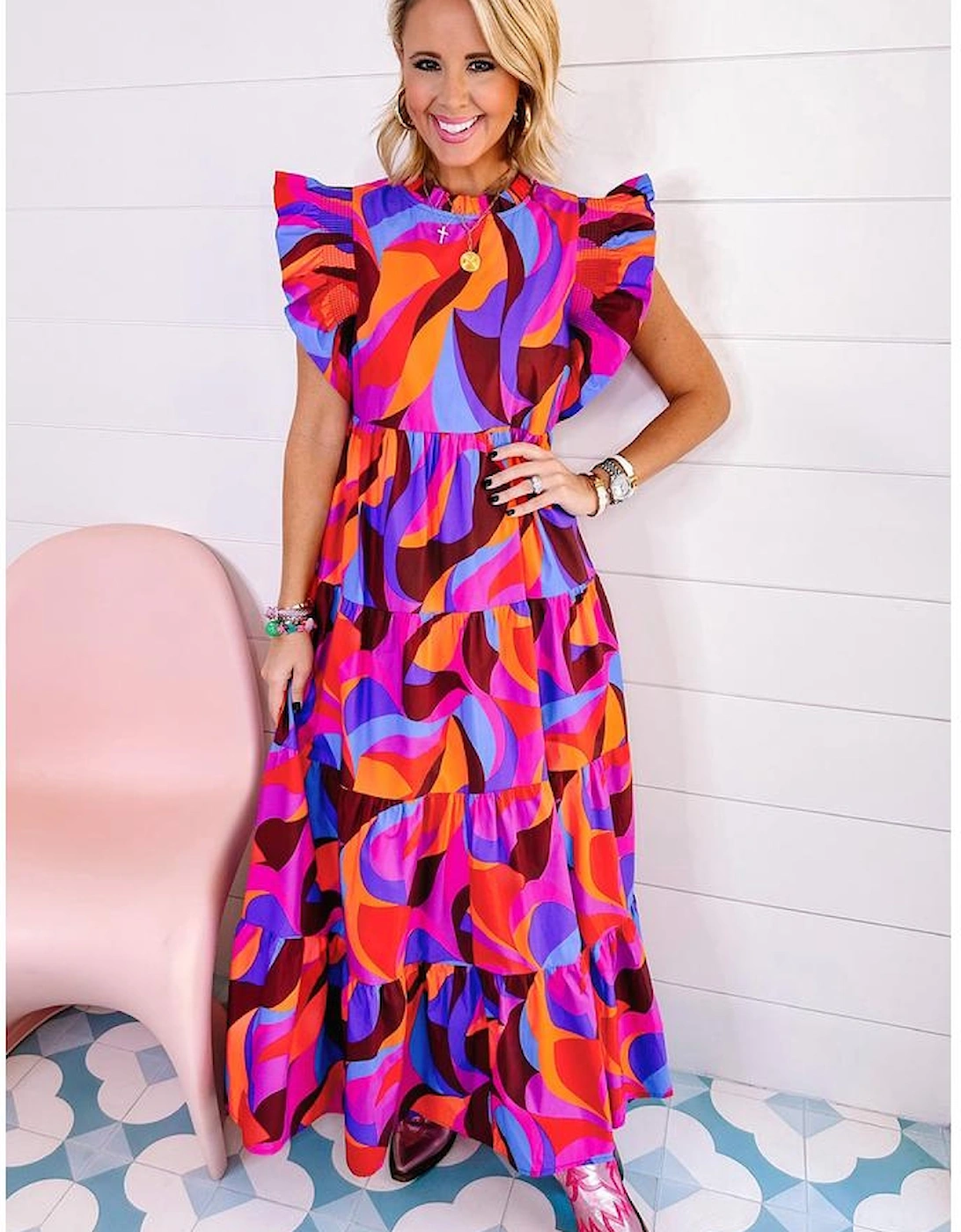 Orange Abstract Printed High Waist Ruffle Tiered Long Dress