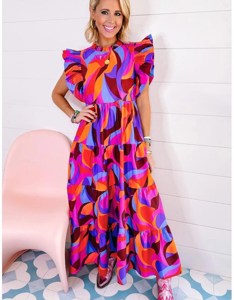 Orange Abstract Printed High Waist Ruffle Tiered Long Dress