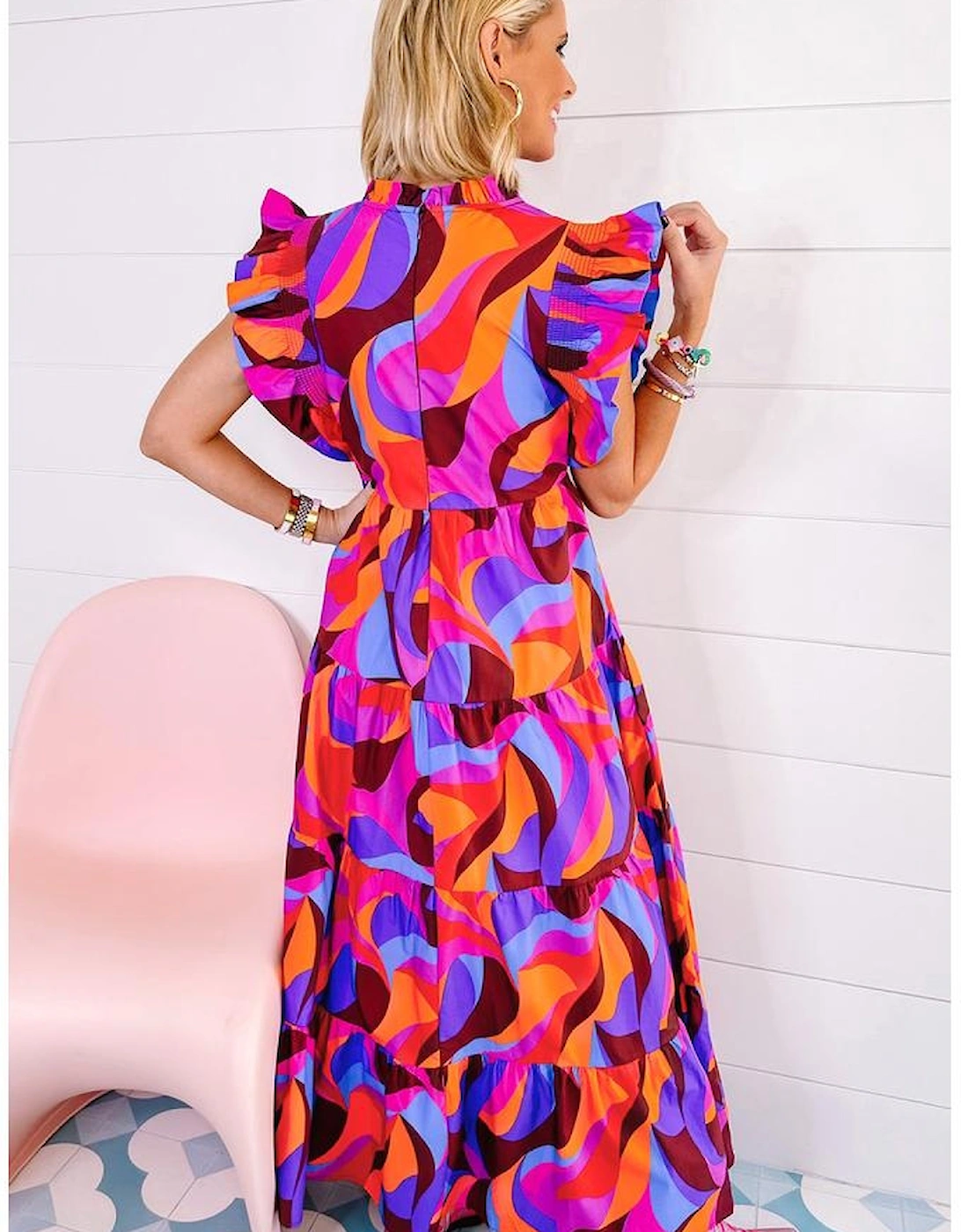 Orange Abstract Printed High Waist Ruffle Tiered Long Dress, 13 of 12