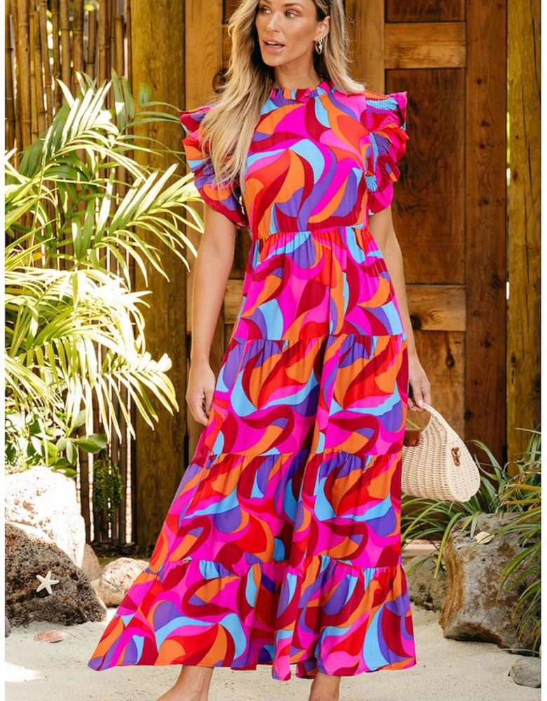 Orange Abstract Printed High Waist Ruffle Tiered Long Dress