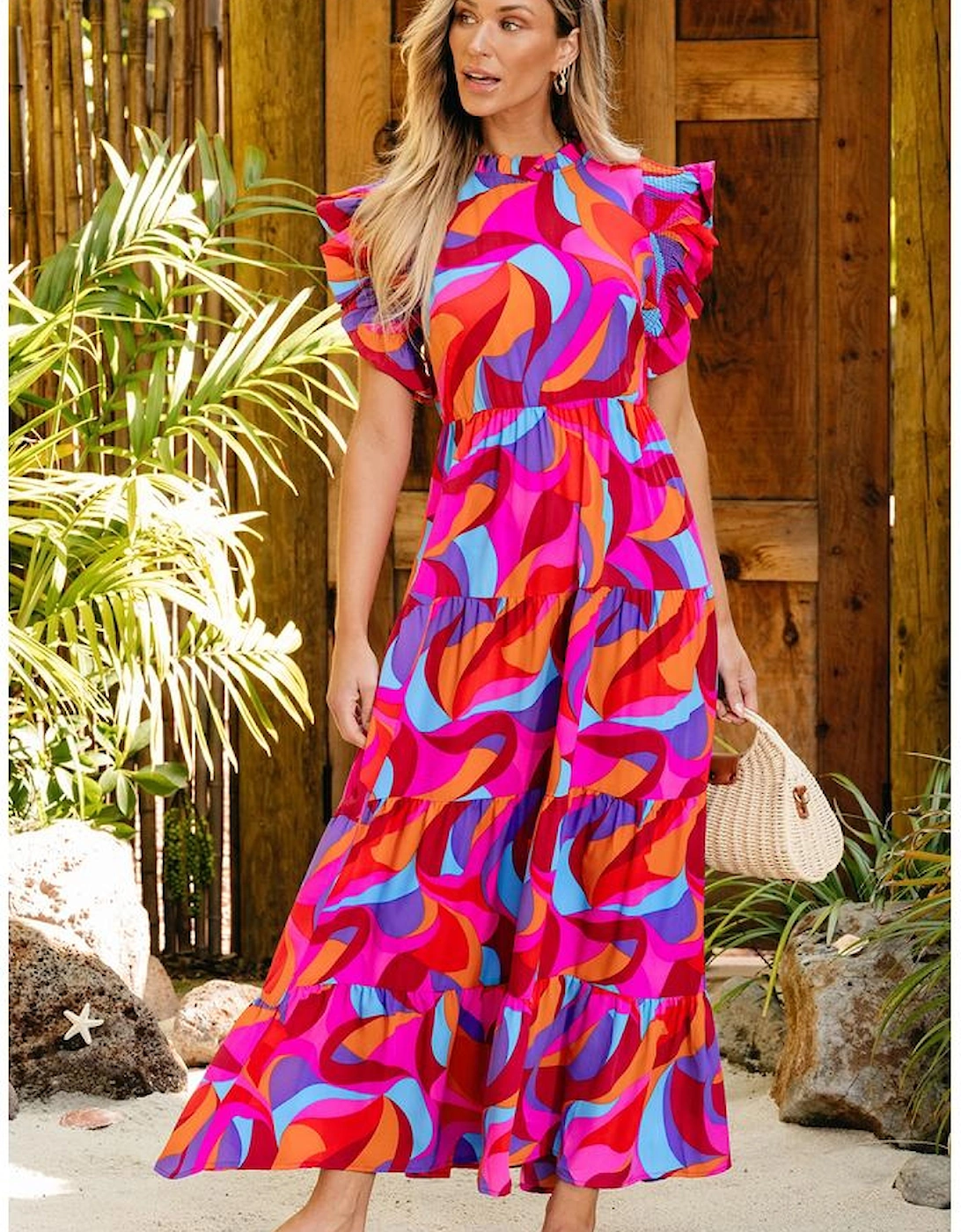 Orange Abstract Printed High Waist Ruffle Tiered Long Dress