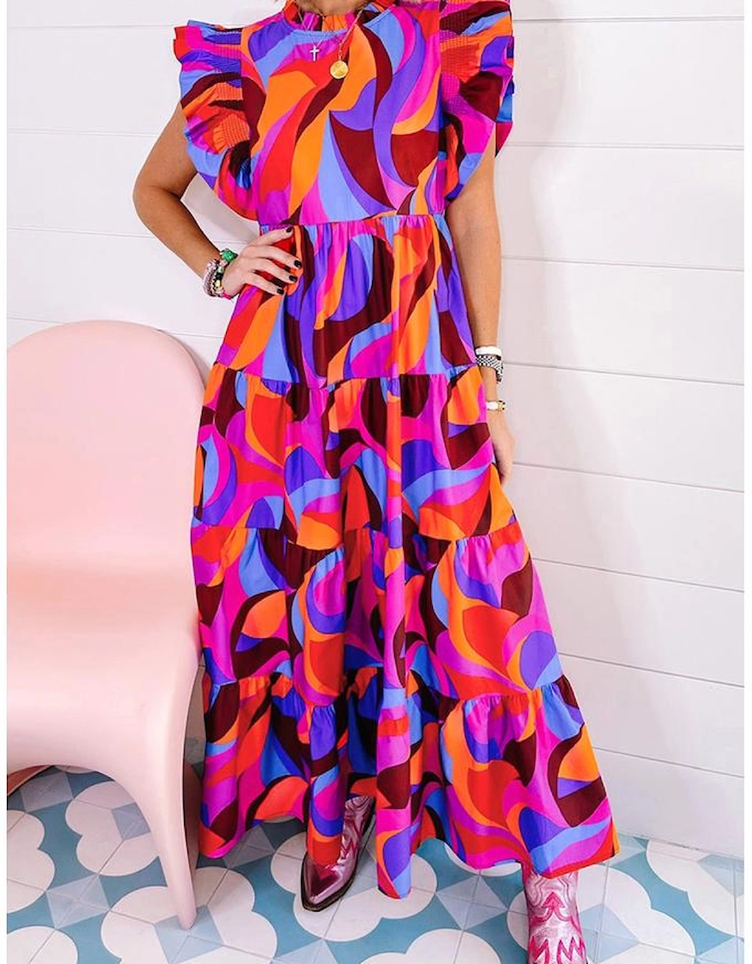 Orange Abstract Printed High Waist Ruffle Tiered Long Dress